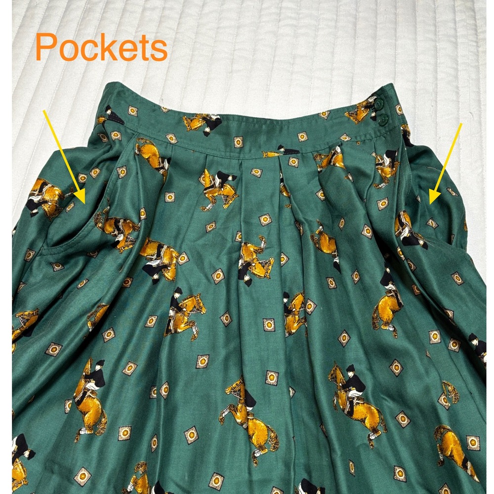 VTG 90s Chaus Green Equestrian Horse Print Pleated Midi Skirt Made in Japan EUC - Picture 5 of 10
